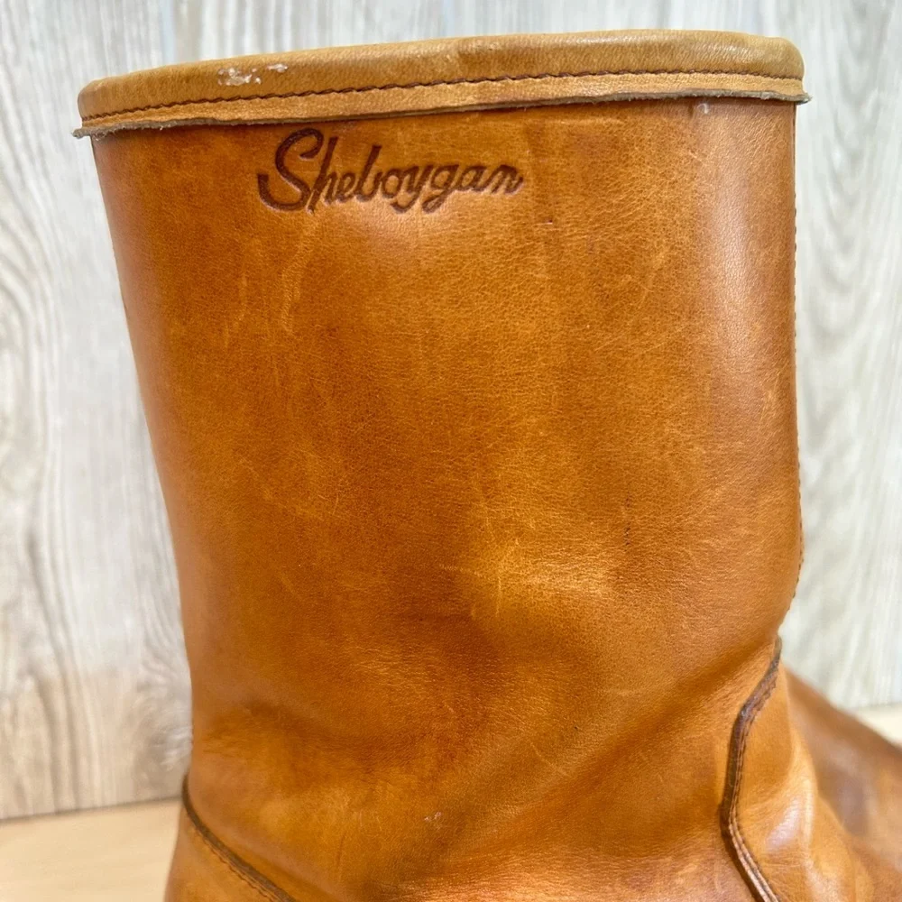 Vintage Sheboygan Burnt Orange Leather Side Zip Fleece Lined Utility Boots 9.5